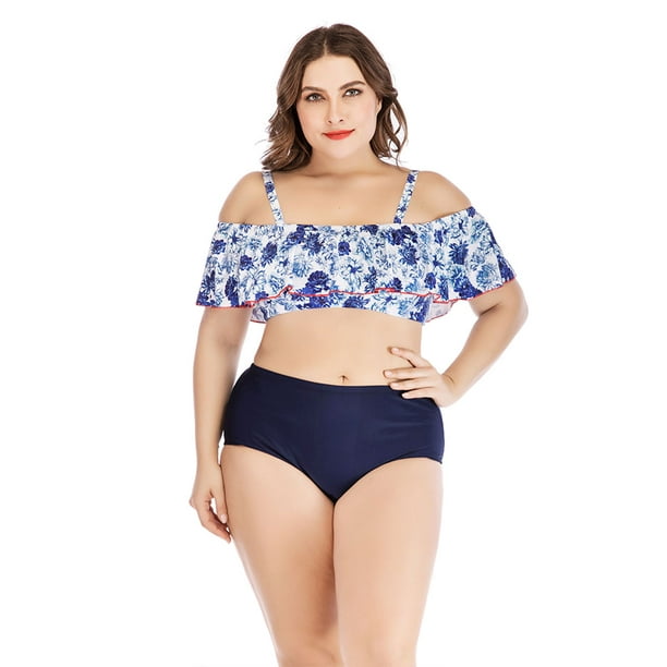 RQWEIN Women Tankini Set Plus Size Swimwear Flounce Printed Two Piece Swimsuits Tummy Control Ruffled Off Shoulde Swimsuit